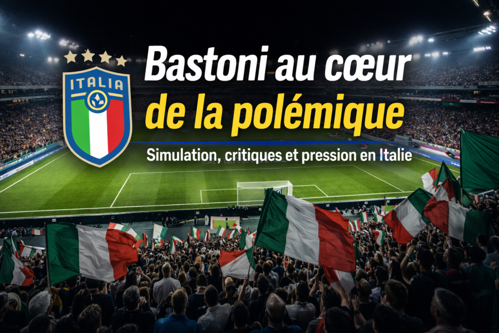 Stade de football rempli de supporters italiens avec drapeaux tricolores illustrant la polémique autour de Bastoni
