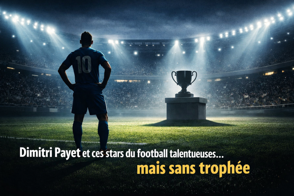 Joueur de football seul dans un stade éclairé, regardant un trophée posé à distance, symbolisant une carrière sans titre comme Dimitri Payet