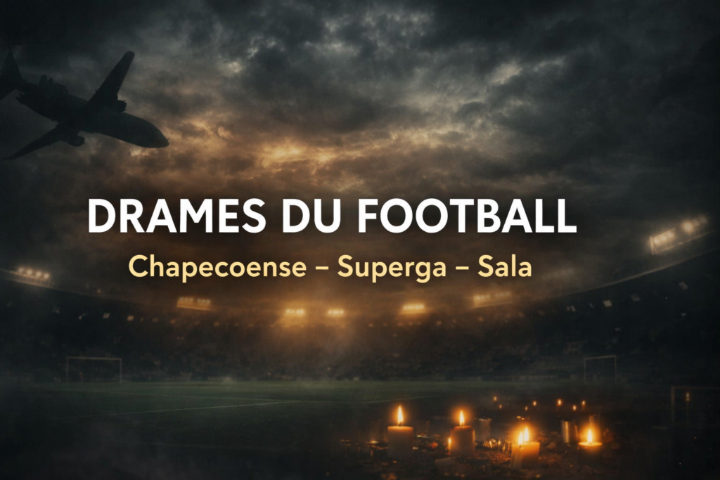 Drames du football illustration sombre avec stade, bougies et silhouette d’avion pour Chapecoense, Superga et Emiliano Sala