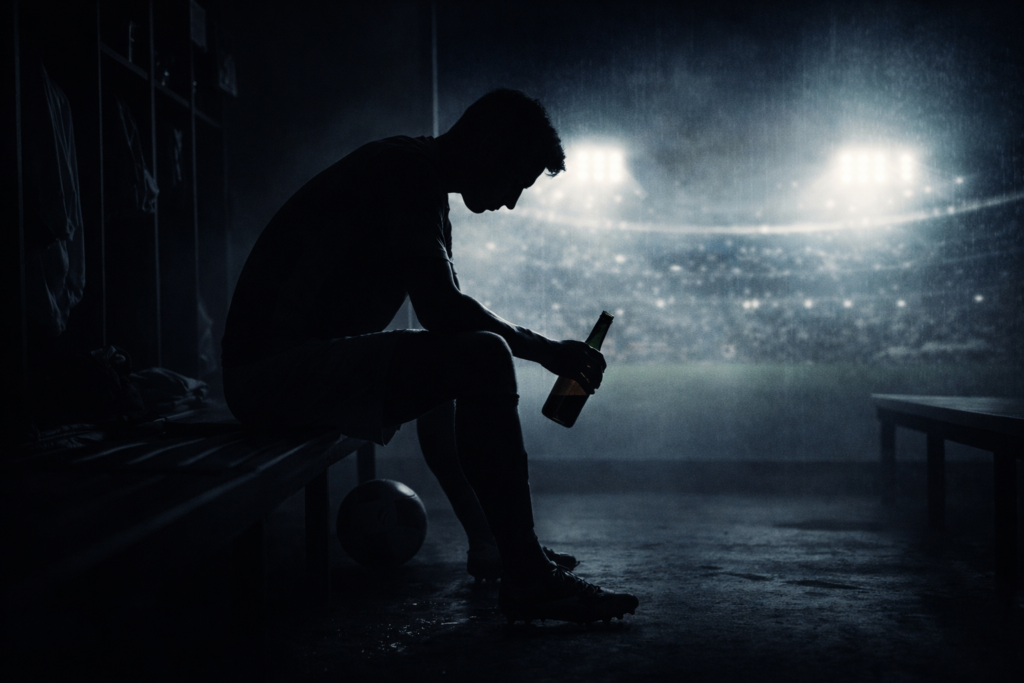 footballeurs alcooliques vestiaire sombre bouteille addiction football solitude