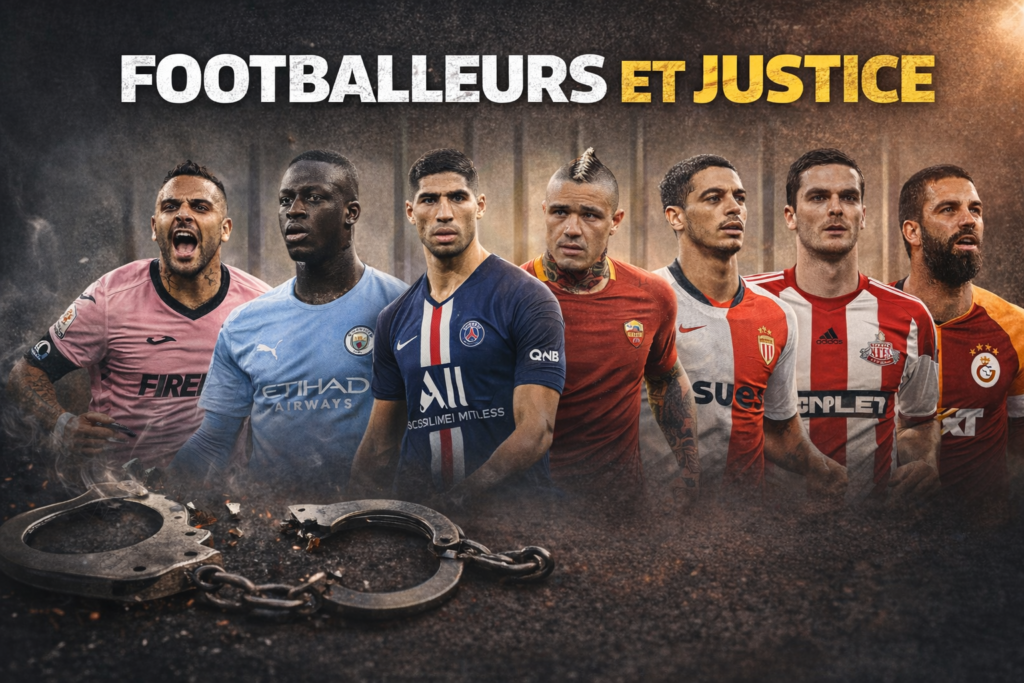 Footballeurs et justice illustration avec joueurs et menottes symbolisant les scandales et affaires judiciaires dans le football