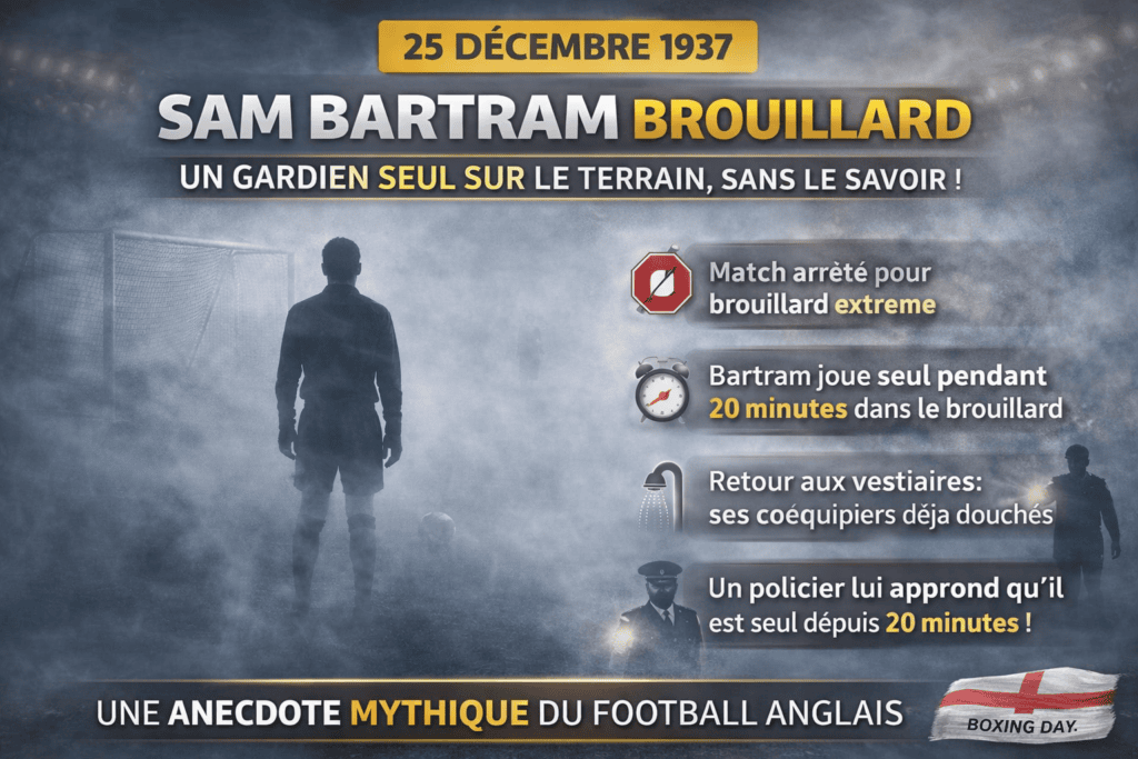 Sam Bartram brouillard gardien seul terrain football 1937 match arrêté anecdote football