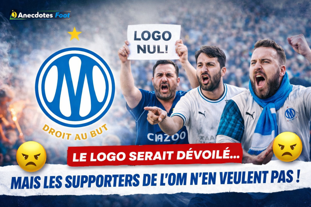 Supporters de l’OM en colère face au nouveau logo du club avec pancarte “Logo nul” et ambiance tendue dans un stade