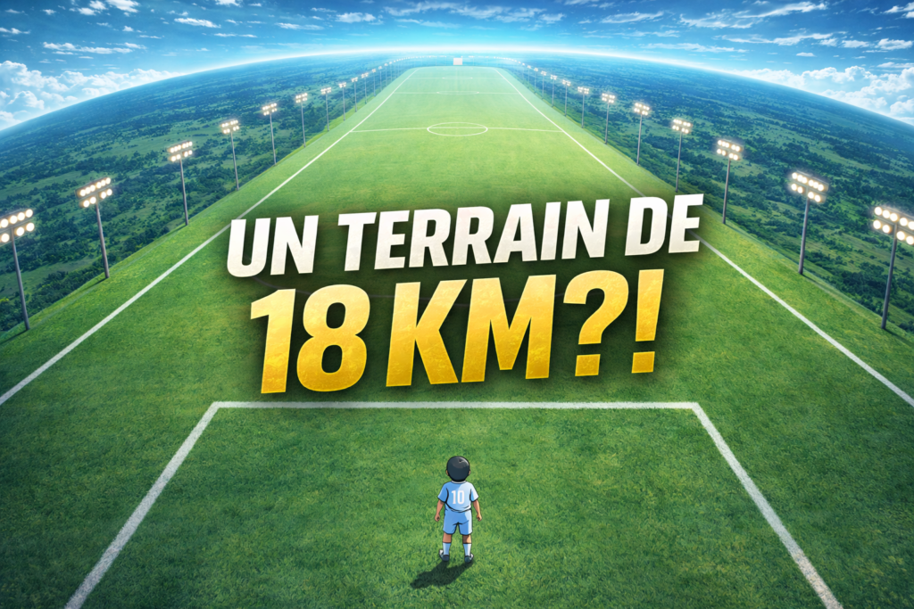 Terrain géant de football de 18 km inspiré de Olive et Tom avec un joueur minuscule face à l’immensité