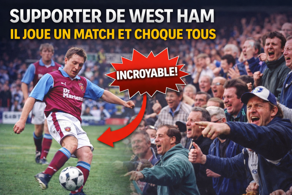 supporter West Ham qui joue un match et tente de marquer un but devant des supporters en délire
