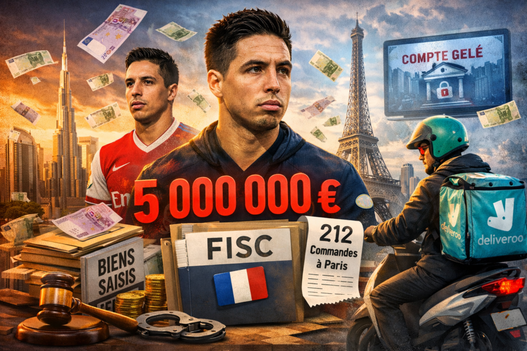 Illustration de Samir Nasri entouré d’éléments liés à une affaire fiscale en France, avec mention de 5 millions d’euros, un livre “FISC”, la Tour Eiffel et un livreur Deliveroo symbolisant ses activités à Paris.