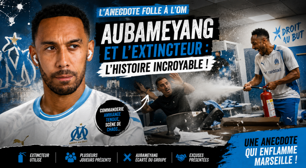 Montage illustrant Pierre-Emerick Aubameyang à l’OM avec une scène fictive d’extincteur à la Commanderie, dans un style dramatique inspiré des anecdotes insolites du football.