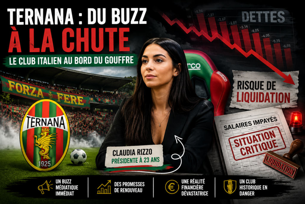 Montage illustrant la crise de la Ternana en Italie avec une jeune présidente tenant un maillot du club et un fond sombre représentant les difficultés financières et le risque de liquidation du club italien.