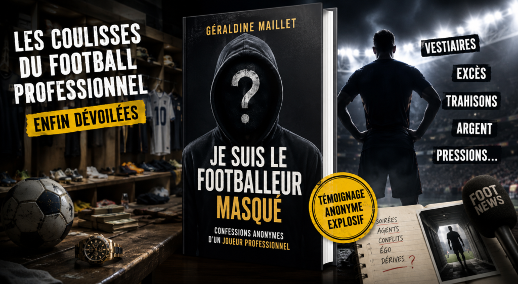 Visuel inspiré du livre Je suis le footballeur masqué de Géraldine Maillet montrant un joueur anonyme dans un stade, des vestiaires de football et l’ambiance sombre des coulisses du football professionnel.