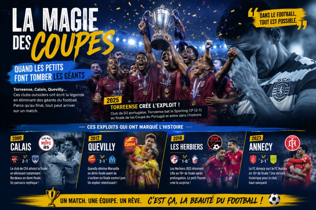Montage footballistique illustrant l’exploit de Torreense contre le Sporting Portugal et les plus grands exploits de petits clubs en coupe comme Calais, Quevilly ou Les Herbiers.