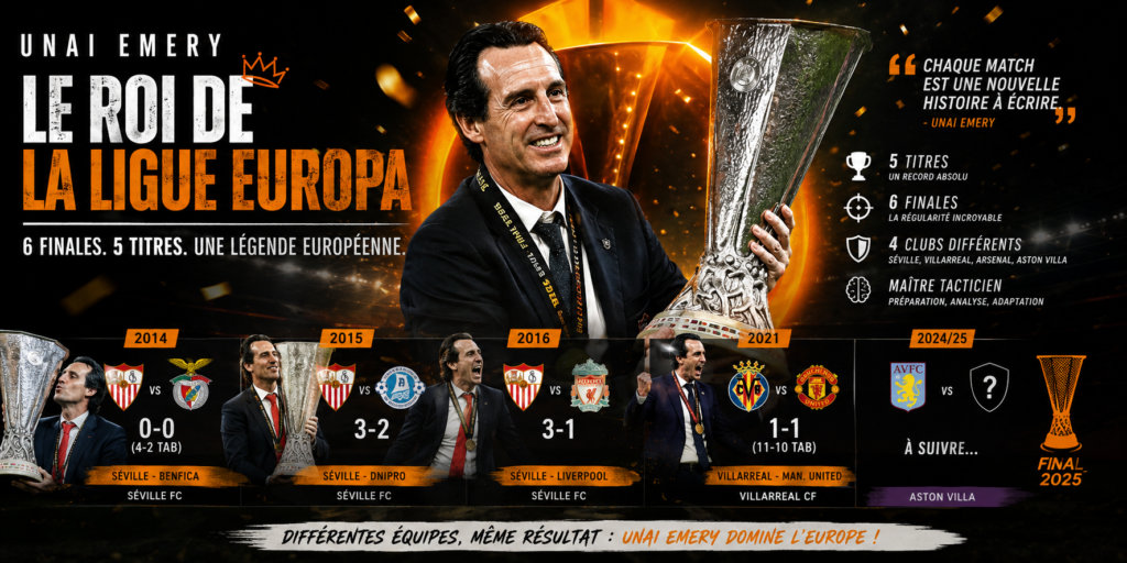 Illustration d’Unai Emery tenant le trophée de la Ligue Europa avec un montage retraçant ses finales remportées avec Séville et Villarreal dans les compétitions européennes.