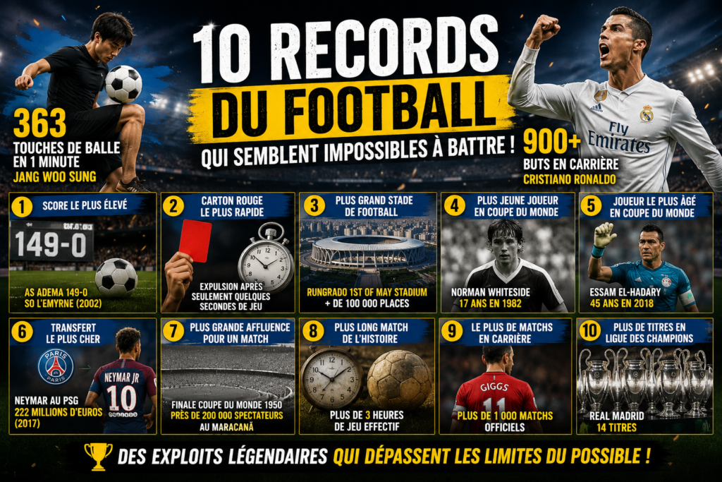 Infographie présentant 10 records du football parmi les plus impressionnants de l'histoire, incluant les 363 touches de balle en une minute de Jang Woo Sung, le score de 149-0 à Madagascar, les 900 buts de Cristiano Ronaldo et d'autres exploits légendaires.