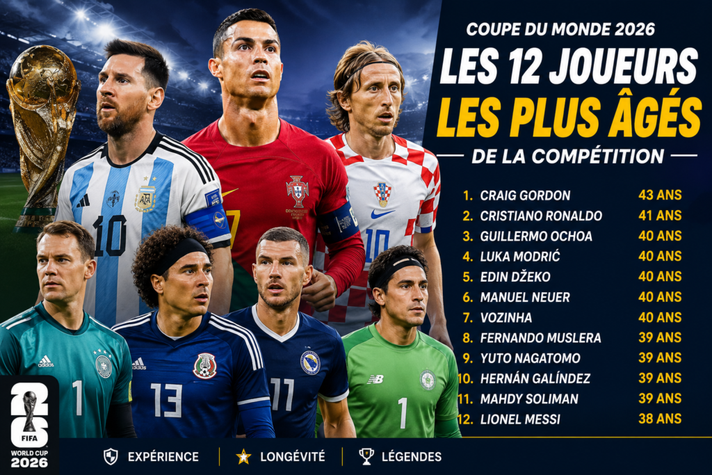 Montage des joueurs les plus âgés de la Coupe du Monde 2026 avec Cristiano Ronaldo, Lionel Messi, Luka Modrić et plusieurs gardiens emblématiques devant le trophée du Mondial et un stade illuminé.