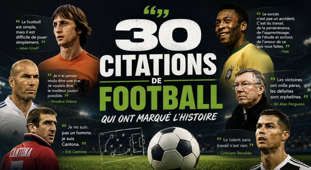 Montage illustrant les plus grandes citations du football avec plusieurs légendes du ballon rond, un ballon au premier plan et des phrases célèbres ayant marqué l'histoire du sport.