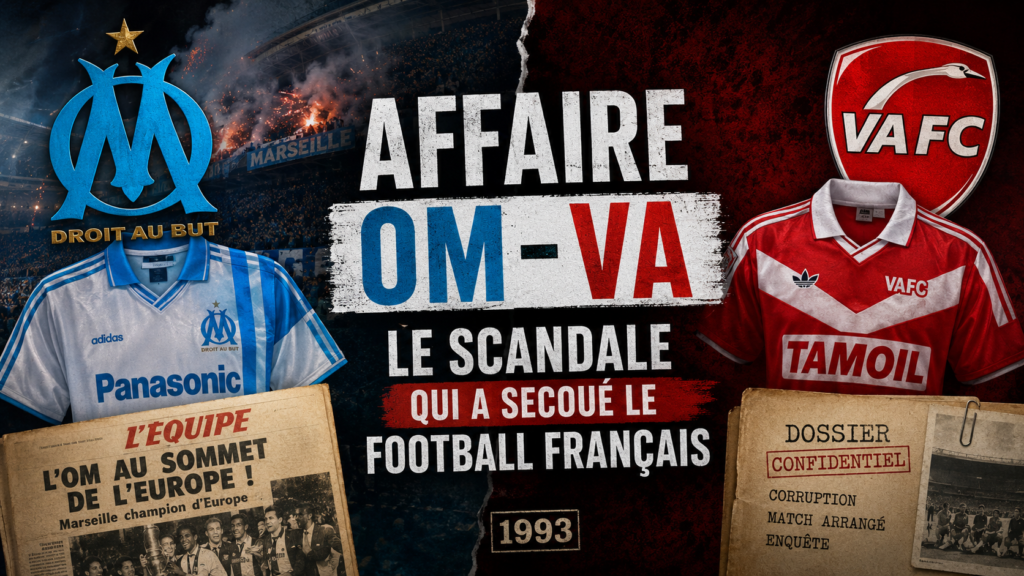 Illustration de l'affaire OM-VA de 1993 avec les couleurs de Marseille et Valenciennes, des maillots de football, des coupures de presse et un dossier d'enquête symbolisant le plus grand scandale du football français.