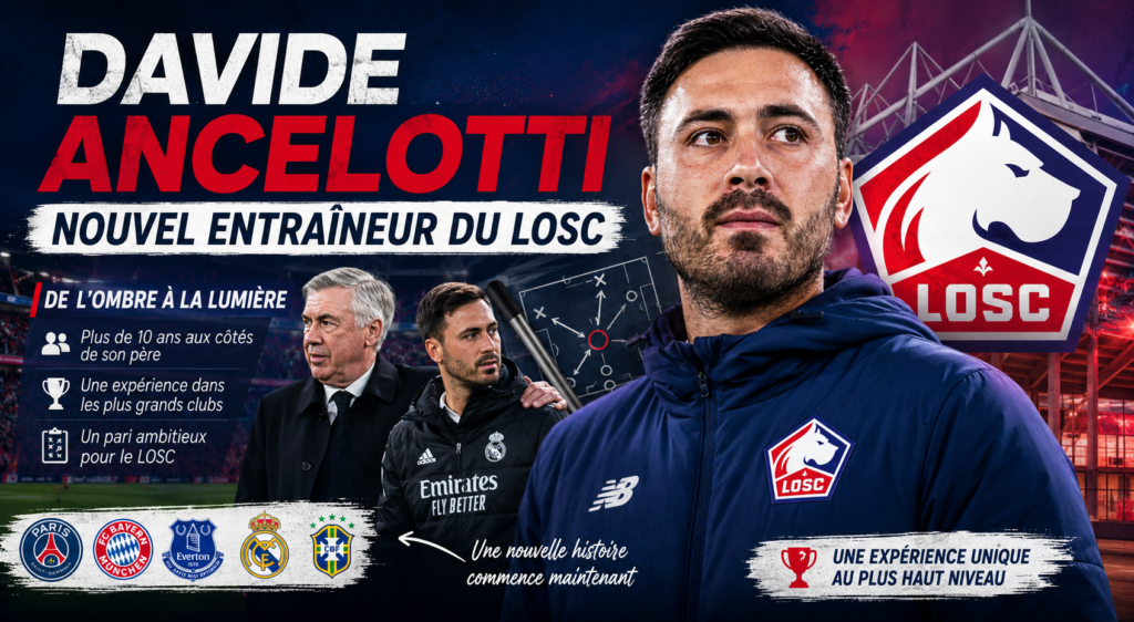 Davide Ancelotti, nouvel entraîneur du LOSC, illustré devant le logo du club et un stade de football, avec une référence à son parcours aux côtés de Carlo Ancelotti dans plusieurs grands clubs européens.