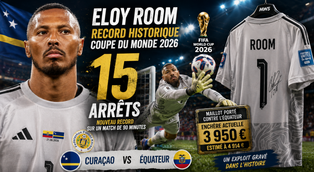 Eloy Room célèbre son record de 15 arrêts avec Curaçao lors de la Coupe du monde 2026 tandis que son maillot porté atteint plusieurs milliers d'euros aux enchères.