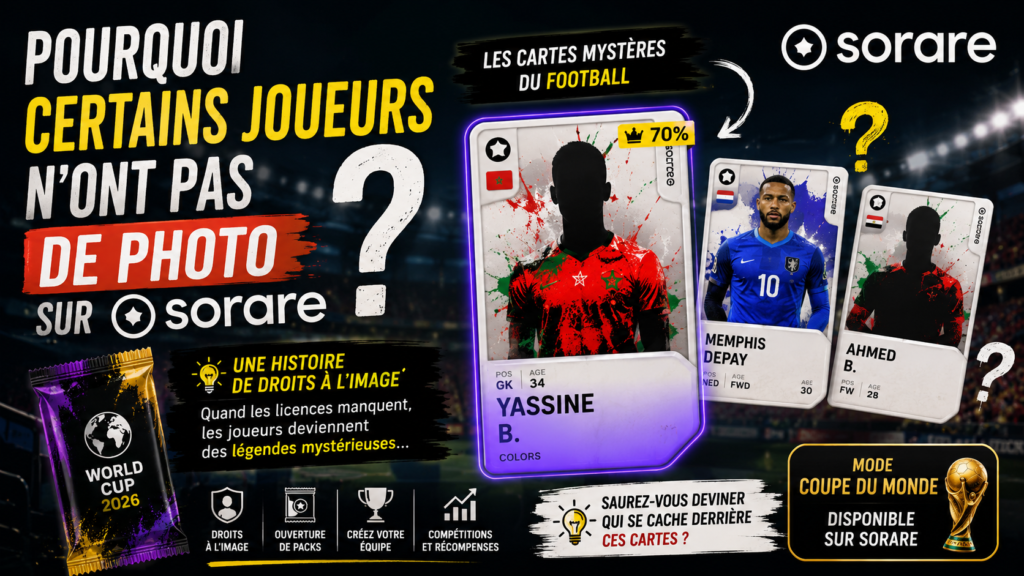Illustration sur Sorare montrant des cartes de football avec des joueurs sans photo officielle, dont Yassine B. et Ahmed B., aux côtés de Memphis Depay. Le visuel explique le phénomène des cartes mystères lié aux droits à l'image dans le mode Coupe du Monde.