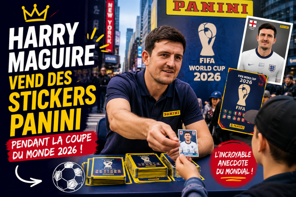 Harry Maguire distribuant des stickers de football lors d’un événement Panini à New York pendant la Coupe du Monde 2026, avec albums de collection et ambiance festive autour du football.