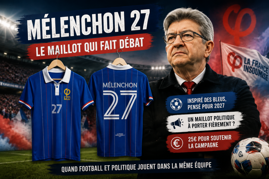 Maillot Mélenchon 27 inspiré de l'équipe de France de football présenté dans un stade, illustrant le lien entre football, communication politique et campagne présidentielle de 2027.