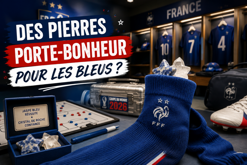 Vestiaire de football aux couleurs de la France avec des pierres porte-bonheur placées dans une chaussette avant la Coupe du monde 2026.