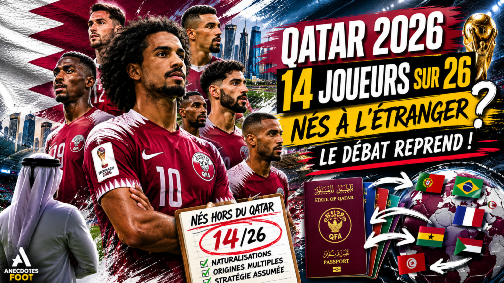 Qatar 2026 : montage illustrant plusieurs joueurs de la sélection qatarie devant un stade et une carte du monde, avec un rappel du Mondial de handball 2015 et le débat sur les joueurs nés à l'étranger dans l'équipe nationale du Qatar.