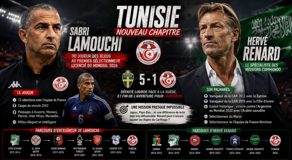 Montage illustrant Sabri Lamouchi et Hervé Renard, deux entraîneurs français liés à la sélection tunisienne, avec le score Suède 5-1 Tunisie et un résumé de leurs parcours respectifs en tant que sélectionneurs.