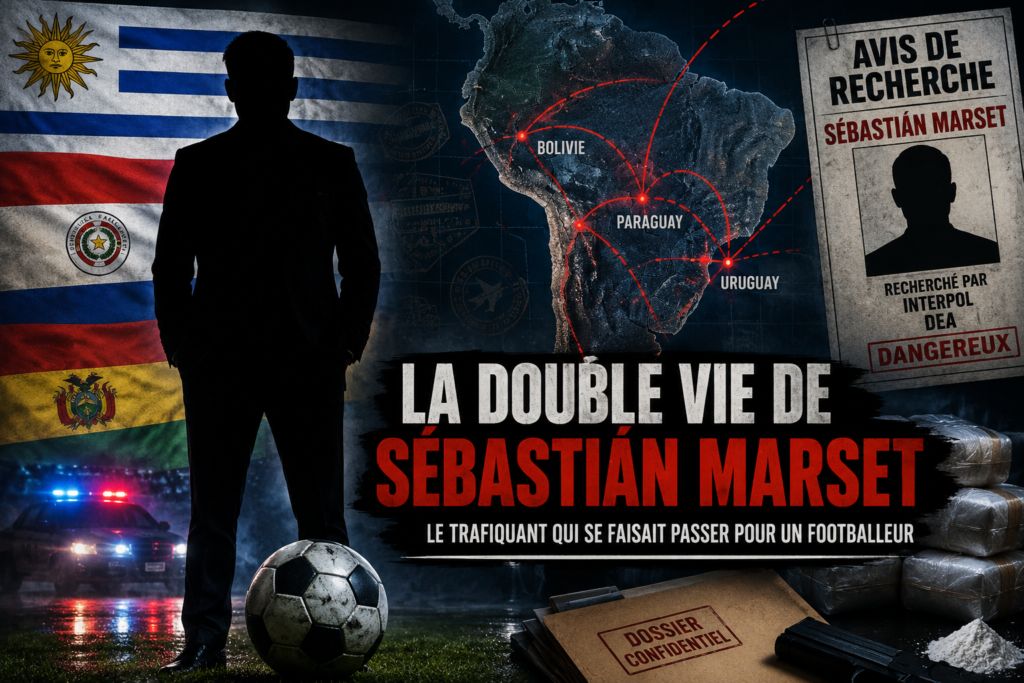 Sebastián Marset : silhouette d'un homme devant un ballon de football avec une carte de l'Amérique du Sud, les drapeaux d'Uruguay, du Paraguay et de la Bolivie, illustrant la double vie du trafiquant qui se faisait passer pour un footballeur.