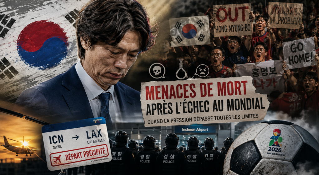 Montage illustrant la pression subie par le sélectionneur de la Corée du Sud après l'élimination au Mondial 2026, avec des supporters en colère, des policiers et un avion symbolisant son départ.